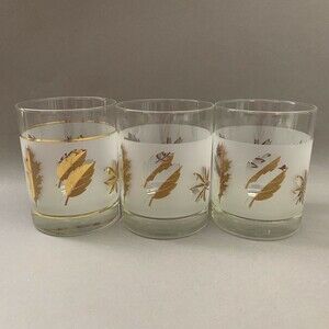 Libbey Double Old Fashioned Frost Gold Leaves Glasses 4 1/8" High Lot of 3